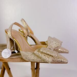 Jessica Simpson Nekira 3 Bow Heels Pumps Gold Glam Preppy Old Money Sz 10M NEW